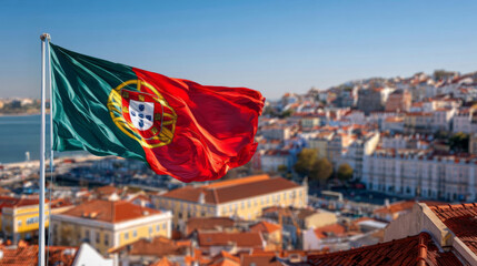 Portuguese flag waves proudly over Lisbon cityscape during Independence Day celebration