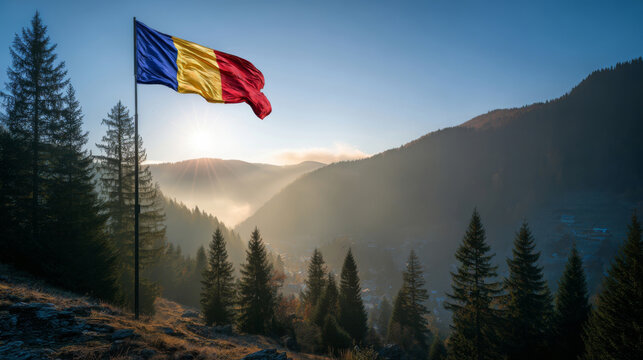 Romanian flag waving proudly over the Carpathian Mountains during Independence Day celebration