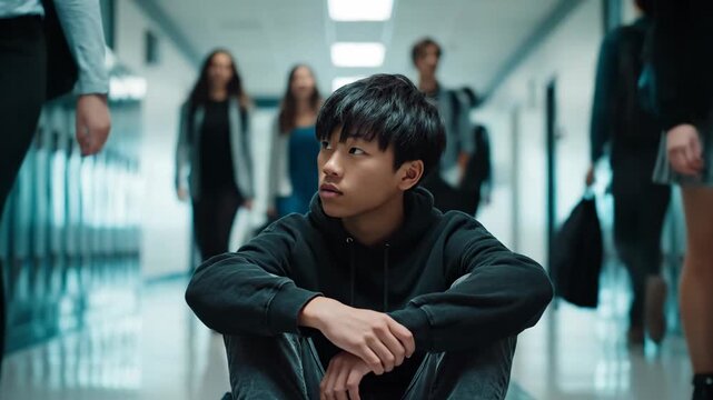 Sad Asian teenage boy sitting alone on the floor of a busy school hallway with students walking in the blurred background.