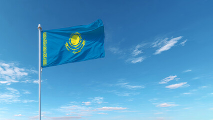 Kazakhstan flag waving proudly against a clear blue sky on a sunny day
