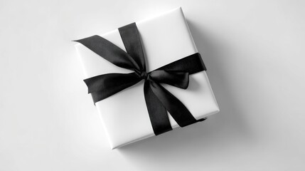 Elegant white gift box wrapped with black satin ribbon on minimalist background