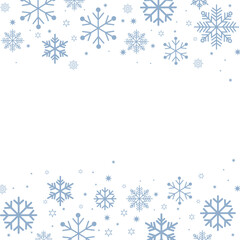 Square winter background featuring a border created by various sizes of soft light blue snowflakes and tiny stars on a crisp white background. Ample copy space in the center, perfect for Christmas, ho