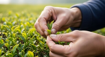 Artisanal tea harvesting demonstrates delicate hands on gentle leaves