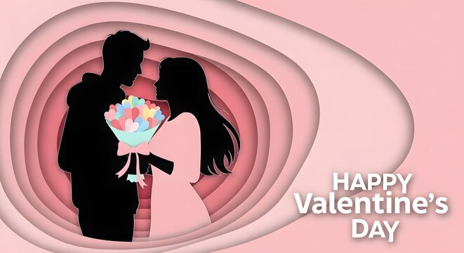 Happy Valentine's Day romantic couple silhouette embracing with a bouquet of hearts on a pink paper cut background