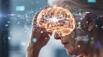 Profile of a senior woman touching her temple with a glowing 3D digital brain overlay representing Alzheimer's and neurology research. - Powered by Adobe