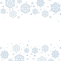 Fototapeta premium Square winter background featuring a border created by various sizes of soft light blue snowflakes and tiny stars on a crisp white background. Ample copy space in the center, perfect for Christmas, ho