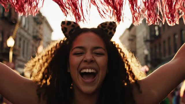 Joyful young woman with cat ears dancing under a pink fringe banner at a street carnival parade during golden hour with lens flare.