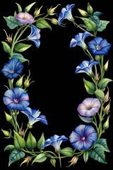Watercolor morning glory flowers botanical frame design with blue and purple isolated on transparent background