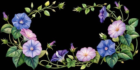 Watercolor morning glory frame with blue, purple, pink flowers, green leaves isolated on transparent background