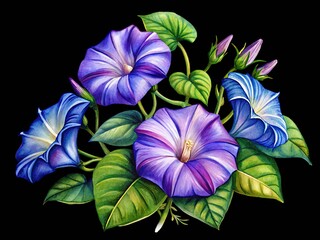 Watercolor illustration of vibrant blue and purple morning glory blossoms isolated on transparent background