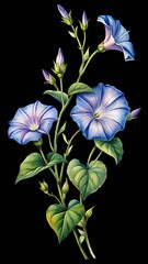 Watercolor illustration of vibrant blue morning glory flowers with green leaves. isolated on transparent background