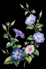 Morning glory flowers, watercolor illustration, blooming floral design on vine. isolated on transparent background