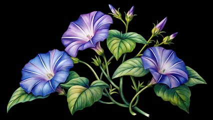 Morning glory flower watercolor illustration, vibrant purple blue petals isolated on transparent background