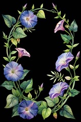 Watercolor morning glory floral oval frame with blue and purple blooms and leaves. isolated on transparent background
