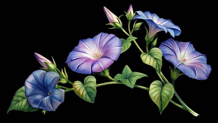 Watercolor painting of vibrant blue and purple morning glory flowers and buds. isolated on transparent background