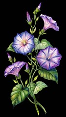 Vibrant watercolor illustration of purple morning glory flowers, buds, and leaves isolated on transparent background