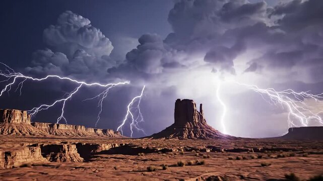 Dramatic desert landscape with lightning and stormy sky