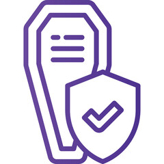 Purple Outline Icon of a Coffin with a Shield and Checkmark on Transparent Background Symbolizing Protection Security or Safety Assurance