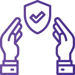 Purple Outline Icon of Two Hands Protecting a Shield with a Check Mark Symbol on a Transparent Background symbolizing security protection and assurance in a clean and modern graphic design style
