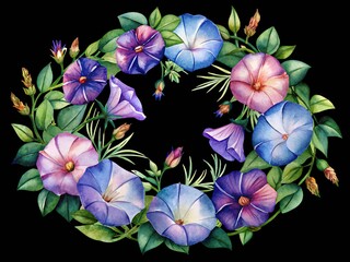 Watercolor morning glory flower wreath with colorful blossoms and green leaves isolated on transparent background