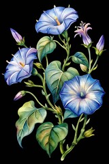 Detailed watercolor of blue morning glory flowers, buds, and green leaves isolated on transparent background