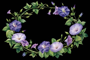 Watercolor morning glory flower wreath with green leaves, elegant floral frame design isolated on transparent background