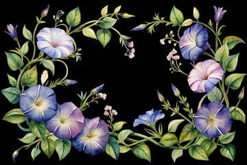 Watercolor morning glory flower vine frame illustration with delicate green leaves isolated on transparent background