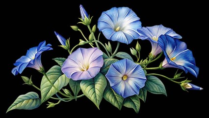 Elegant watercolor illustration of blue and purple morning glory flowers bloom. isolated on transparent background