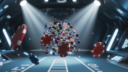 Casino chip sphere floating futuristic game room with dynamic motion, vibrant blue, red, and white lighting, colorful gambling chips creating exciting atmosphere for game enthusiasts and betting luck