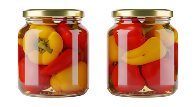 Two glass jars, filled with pickled red and yellow bell peppers and spices, isolated on transparent background. PNG - Powered by Adobe