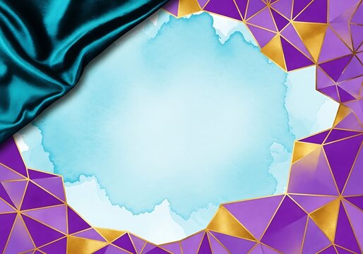 Abstract invitation with geometric frame, teal silk and watercolor stain