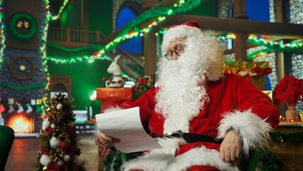 Man dressed as Santa Claus sleeping in chair, exhausted after children charity event. Elderly person wearing fake beard napping, tired after visiting kids, camera A close up