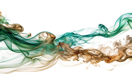 Wispy emerald and bronze smoke trails, flowing horizontally, cutout, PNG, isolated on white or transparent background, AI