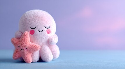 Cute Toddler Octopus Hugs Plush Starfish Toy Against a Soft Pastel Background With Empty Upper Space