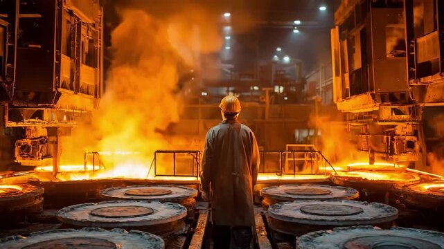 Energetic medium shot of a metallurgist overseeing the transition from heated to cooled cast iron highlighting the process of managing cooling cycles for structural integrity.