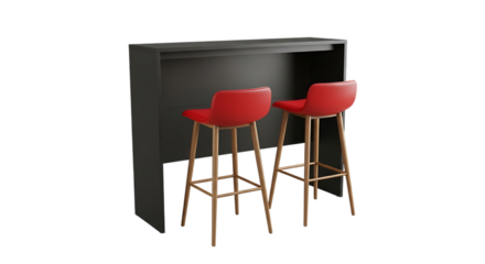 Two modern red bar stools, with wooden legs beside a dark gray counter table, isolated on transparent background. PNG