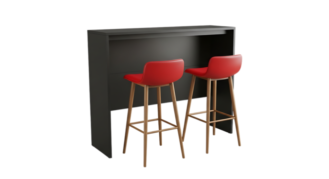 Two modern red bar stools, with wooden legs beside a dark gray counter table, isolated on transparent background. PNG