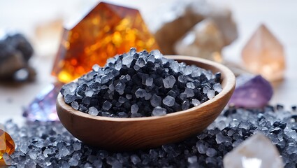 Black Salt Crystals in a Wooden Bowl with Gemstones Scattered Around