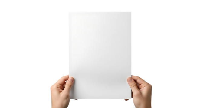 Two hands, holding a blank white sheet of paper with a subtle shadow, isolated on transparent background. PNG