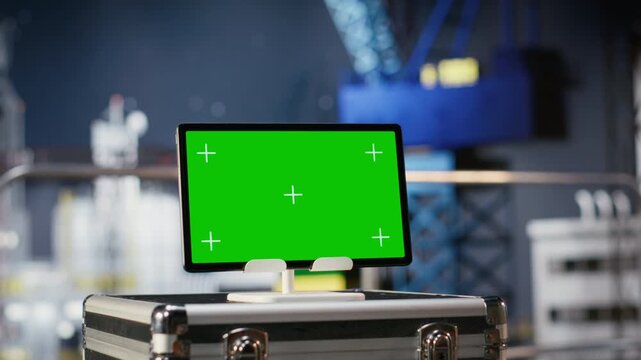 Isolated mockup screen with predictive maintenance and performance dashboard systems, optimizing drilling rig operation and reducing downtime. Industrial petroleum extraction.