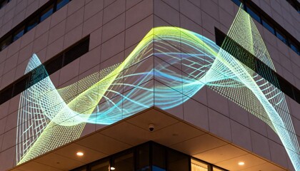 Closeup medium view of a building exterior with programmable projection lighting casting intricate designs and animations creating a captivating visual display.