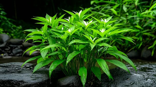 Lush green plants thrive near a gentle stream, conveying tranquility and natural beauty in nature