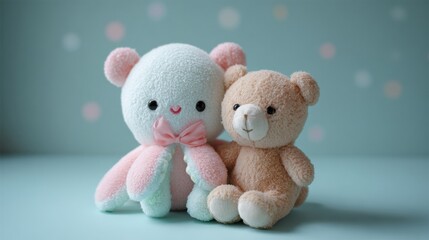 Cute Octopus and Teddy Bear Promote Childrens Goods in a Serene Pastel Setting