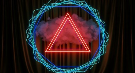 Vibrant triangle and polygon neon artwork against draped backdrop