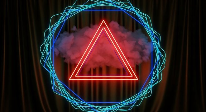 Vibrant triangle and polygon neon artwork against draped backdrop