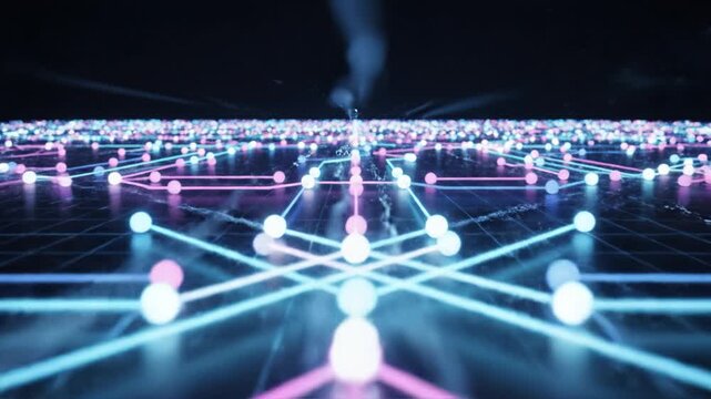 Futuristic digital network connection with glowing blue and pink nodes and lines creating dynamic technology visualization featuring depth, perspective, and vibrant glowing nodes digital network line