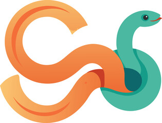 Fototapeta premium Stylized snake integrated with abstract orange shape on teal background