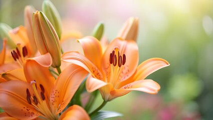 Naklejka premium Close up of beautiful orange lilies blooming in the garden space