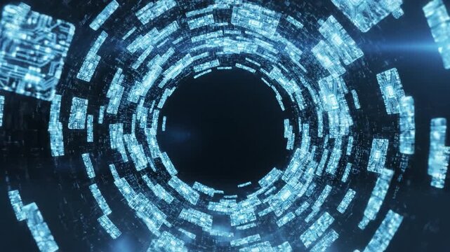 Digital data tunnel with glowing blue circuit board patterns swirling into dark center forming virtual vortex representing futuristic technology and information flow in high tech environment