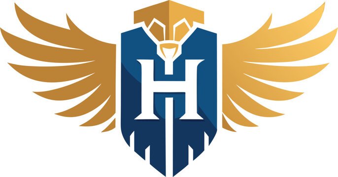 Winged crest logo with letter h inside blue shield gold accents